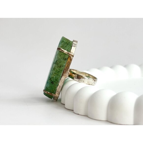 XL Green Agate Stone Vintage Polished Solitaire Sterling Silver Ring - sz 7.5 - Picture 5 of 10